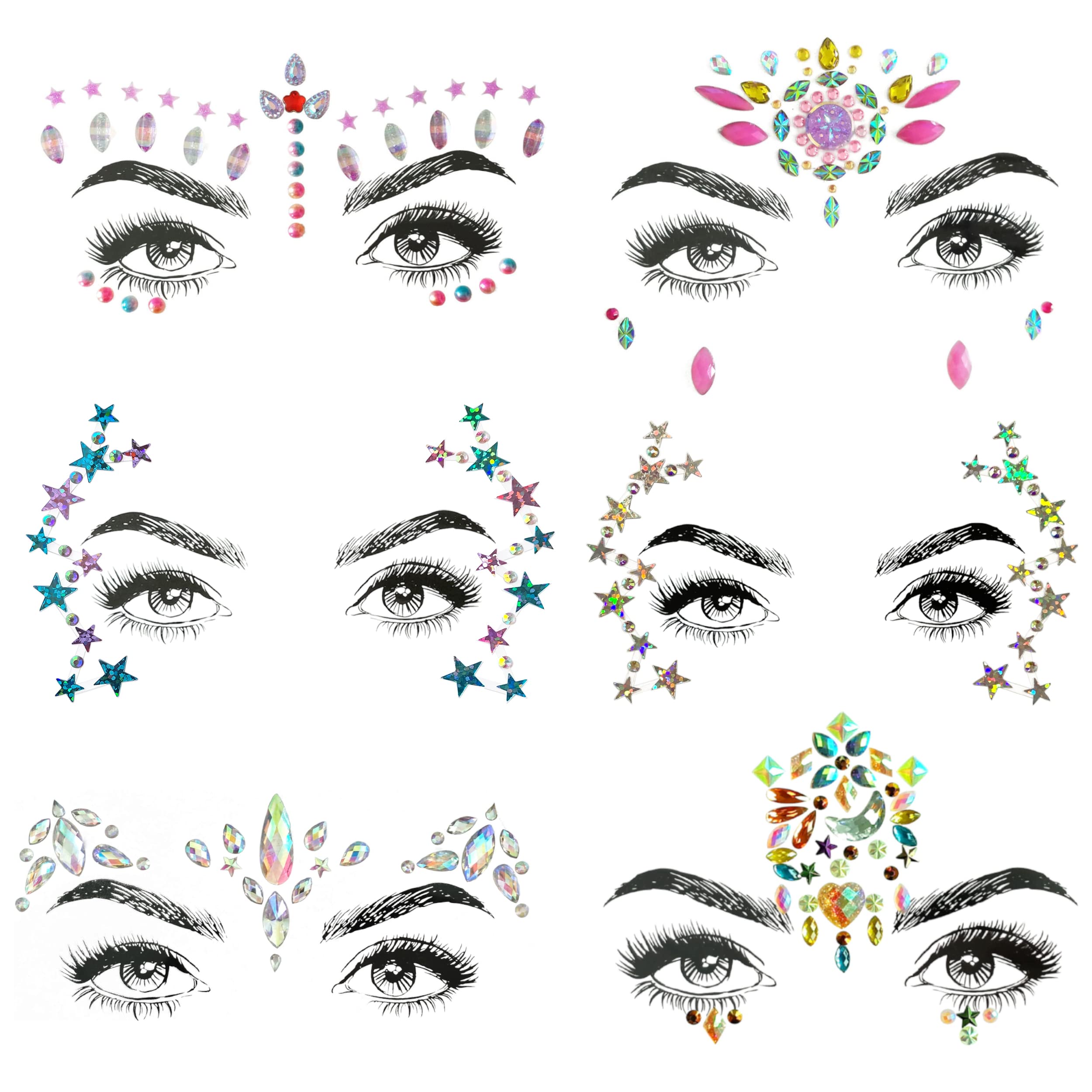 SHINEYES 6 Pcs Gemstone Face Sticker Gem Glitter jewel for Music Festival Holiday Party, Rhinestone Face decal Temporary Tattoo for Halloween Christmas Birthday Carnival Party