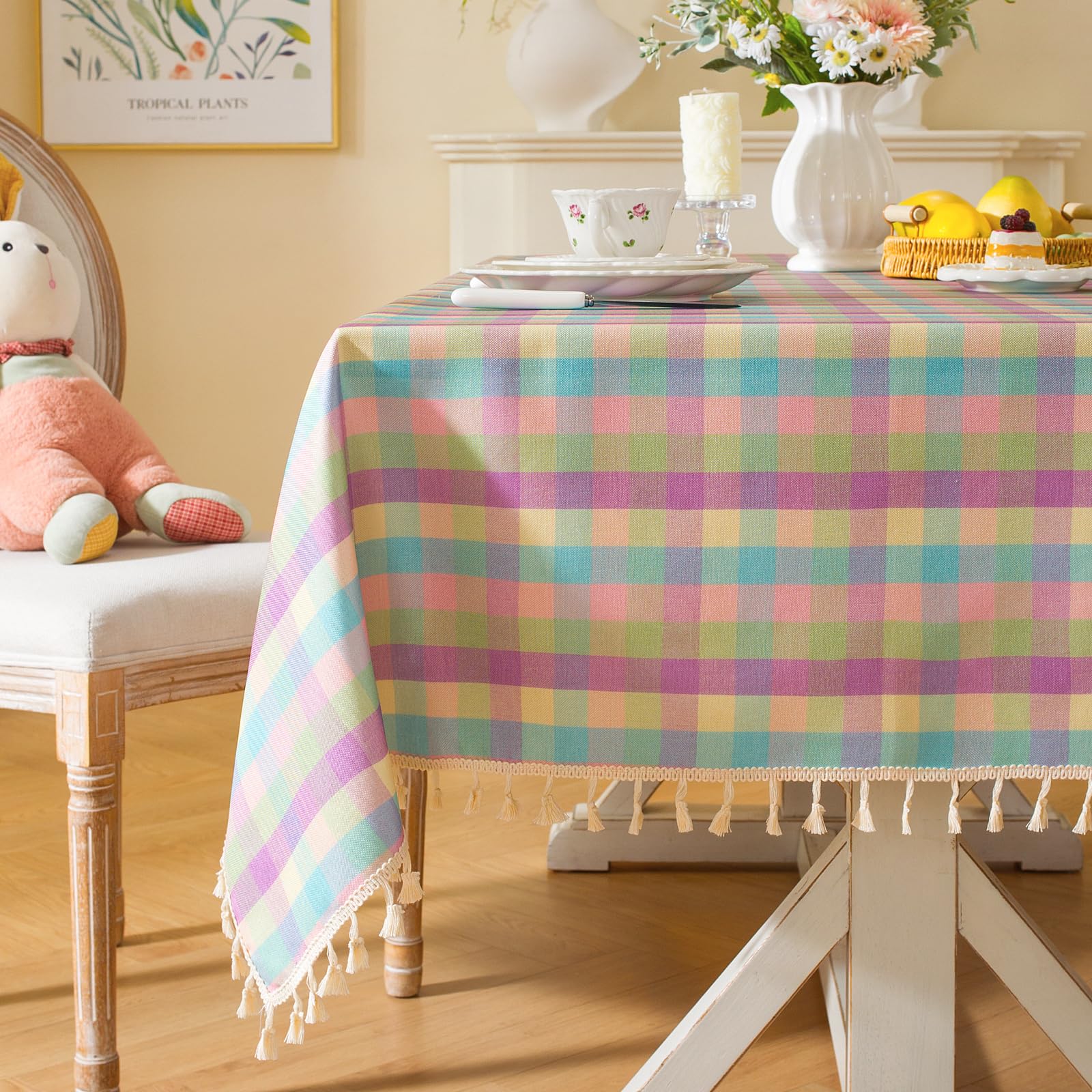 Laolitou Easter Checkered Tablecloth Rectangle Washable Buffalo Plaid Spring Table Cloth with Tassel Gingham Table Cover for Dining Room, Easter Color, Rectangle, 55''x102'', 8-10 Seats Image