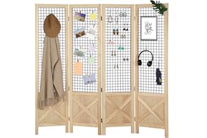 Wnutrees 4 Panel Gridwall Display, Portable Freestanding Display Board for Craft/Art Shows, Retail, Events, Decorative Wood Room Divider Folding Screens, Natural