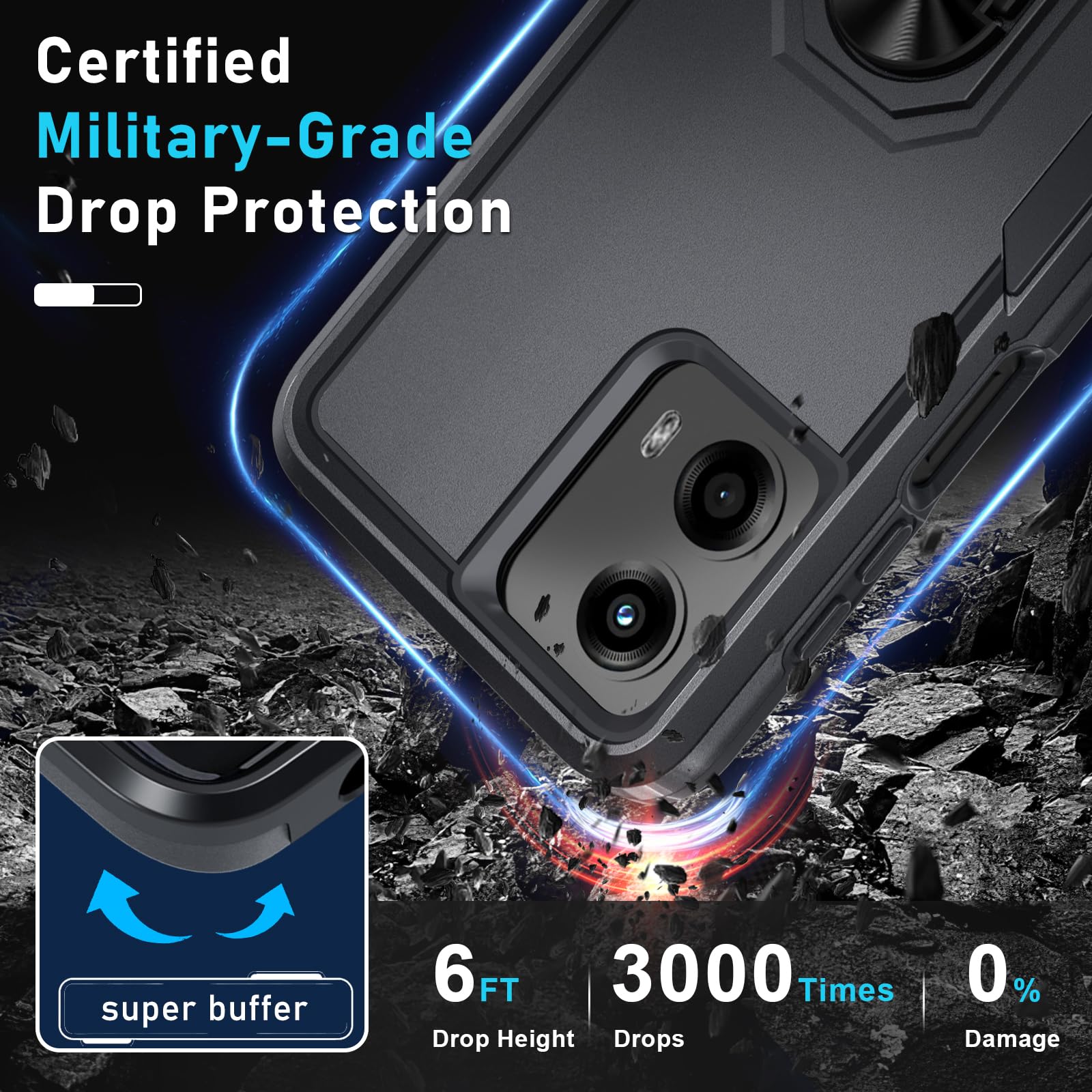 Janmitta Compatible with Moto G 5G 2024 Case with Screen Protector,Heavy Duty Shockproof Full Body Protective Cover Built in Rotatable Metal Ring Holder Kickstand,Black Matte