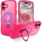 BENTOBEN for iPhone 16 Plus Case with Invisible Magnetic O-Ring Stand, [Compatible with Mag-Safe] Wavy Curly Magnetic Translucent Matte Shockproof Kickstand Cover for iPhone 16 Plus 6.7'' Hot Pink
