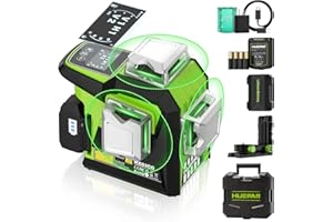 Huepar Professional 1/13"/2mm Accuracy 3D Laser Level Self Leveling, 3x360° Green Laser Line, Rechargeable Battery, LCD Scree