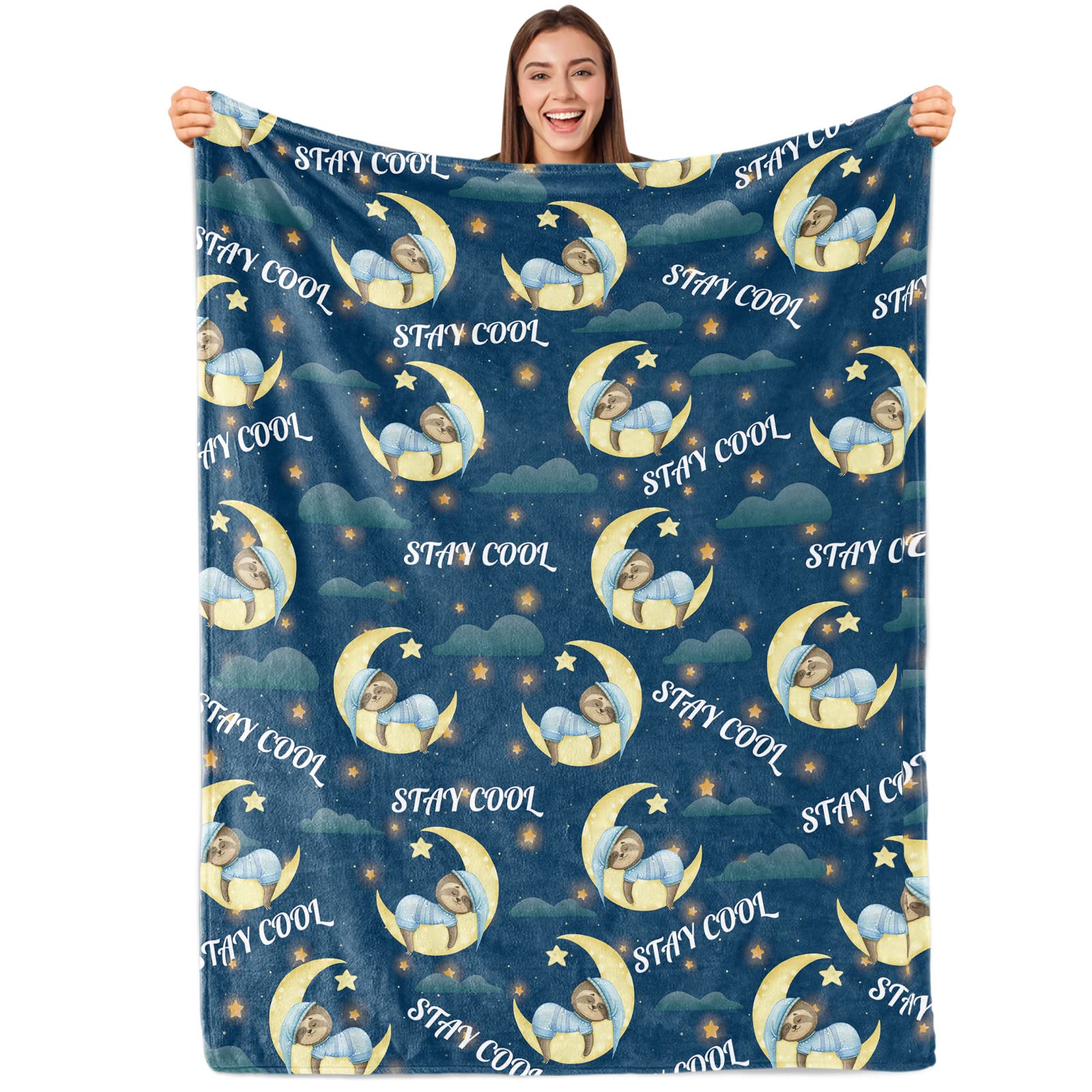 SowideSloth Blanket Gift for Kids Family Animal Funny Cute Sloth and moon Blanket Super Soft Plush Flannel Throw Blanket for Couch Bed Sofa 50''x60'', Blue-04