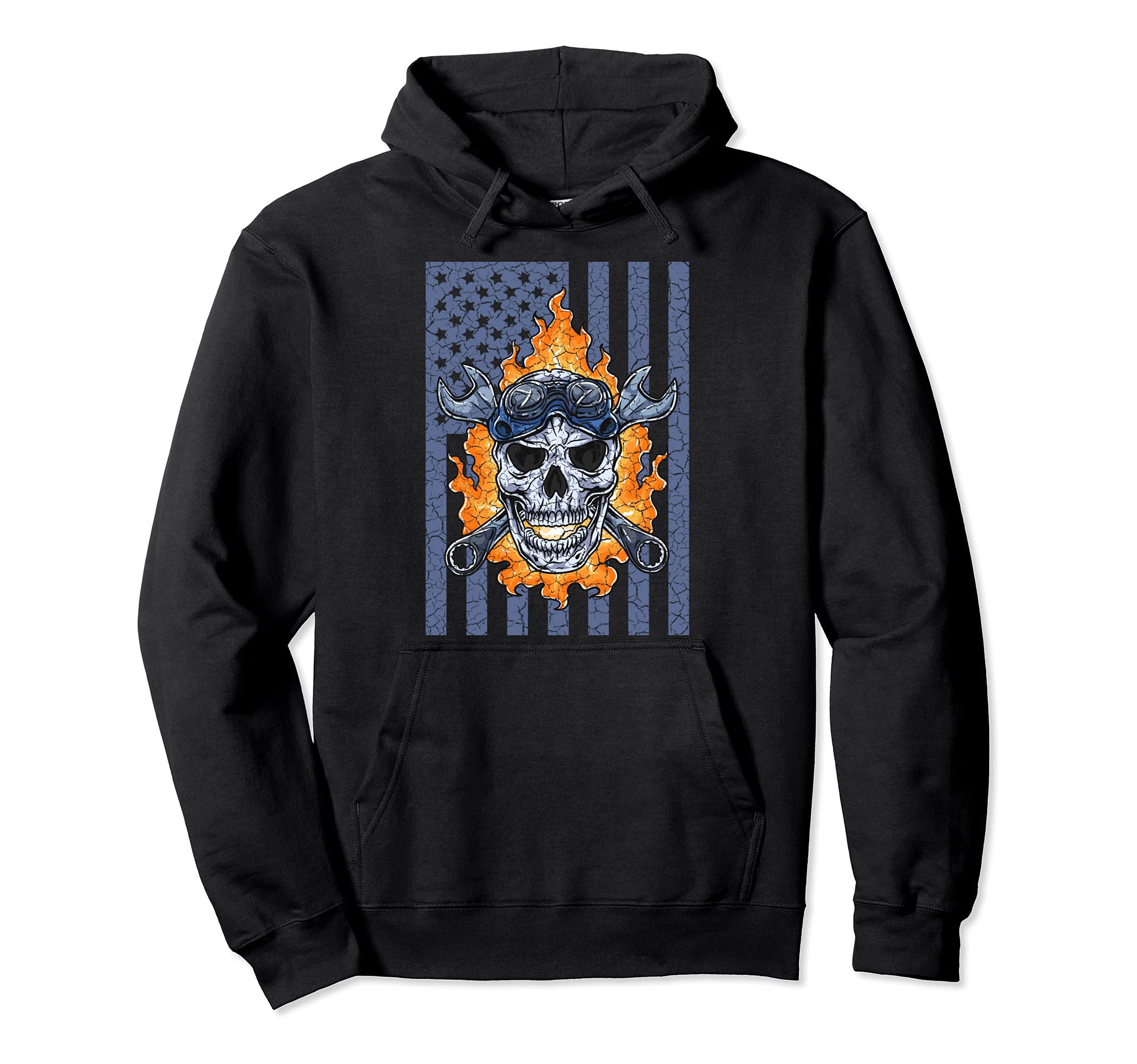 Mechanic Handyman Fire Skull American Flag Tools Wrench Pullover Hoodie
