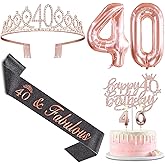 40th Birthday Decorations Women with Black 40th Birthday Sash and Crown, Cake Topper and Candles, Number Balloons Rose Gold, 40 Year Old Gifts for Women