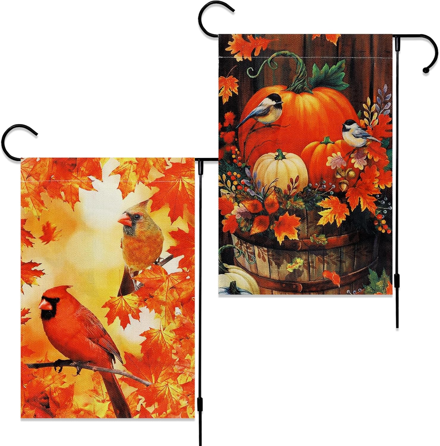 Flags - 2 Pack Fall Thanksgiving Pumpkin Garden Flag Halloween 12 x 18 Inch Double Sided Vertical Burlap Cardinals Bird Fall Garden Flag for Seasonal Holiday Outdoor Yard Decoration