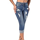 roswear Women's Ripped Stretchy Capri Jeans Mid Rise Cuffed Petite Denim Pants