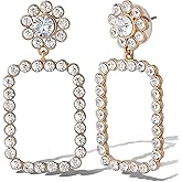 Jessica Simpson Clear Pave Crystal Rectangle Dangle Earrings for Women, Geometric Drop Earrings Gold-Tone