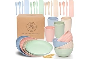 FOODLE Wheat Straw Dinnerware Set - BPA Free & Safety Tested - Dishwasher & Microwave Safe - Toddler & Kids Plates and Bowls Sets - Plastic Plates Reusable - Perfect for RV, Camping Dishes - For 4