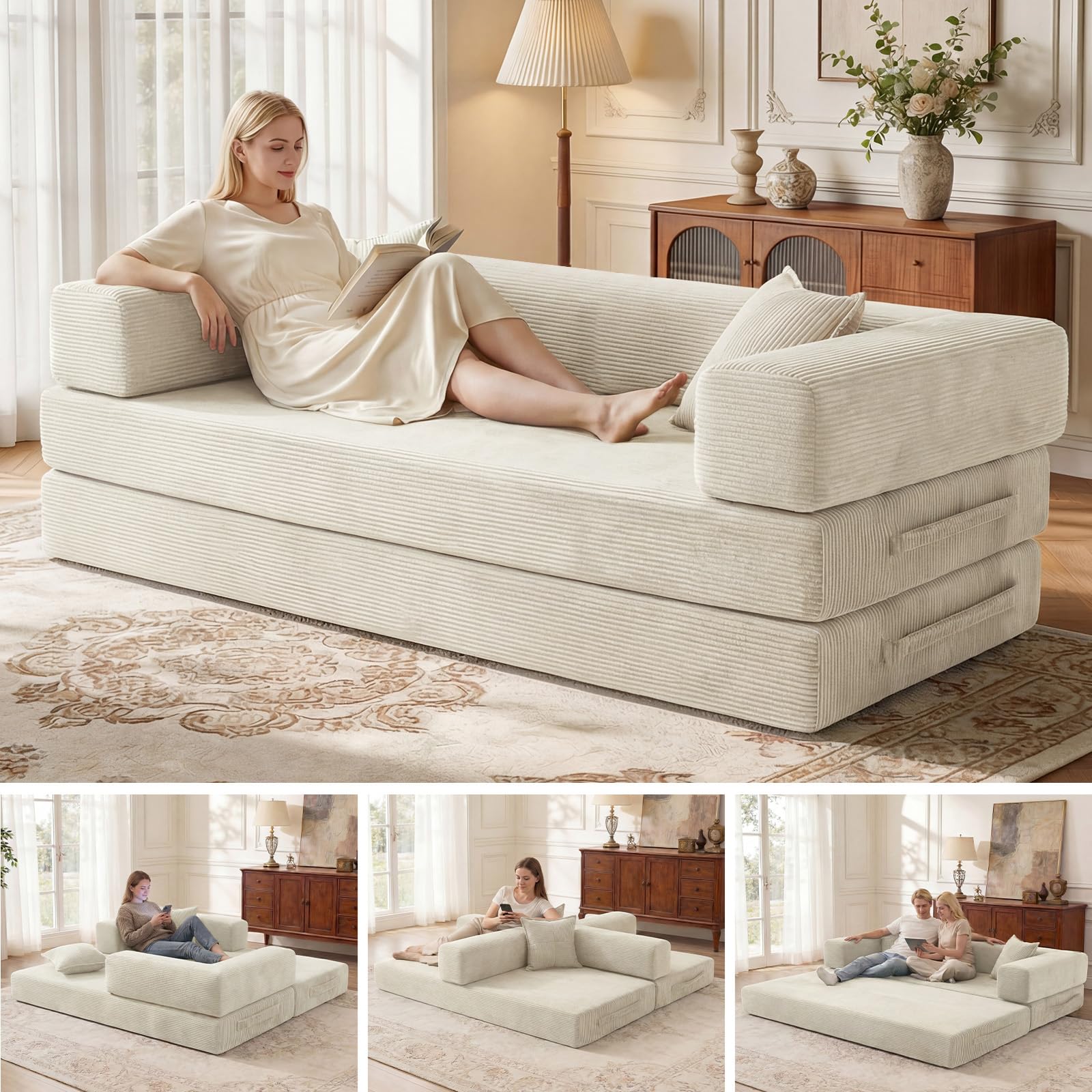200cm 5 en 1 Canapé Compressé, Fabriqué en Velours Côtelé de Haute Qualité avec Forme de Mémoire Haute Densité Versatile Canapé Convertible 3 Places pour Pièce Compacte, Blanc