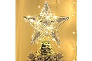Juegoal Star Tree Topper with 20 LED Lights, Metal Silver Lighted Treetop Ornaments, Battery Powered Light Up Christmas Tree Decorations, 6.5 x 6.5 Inches