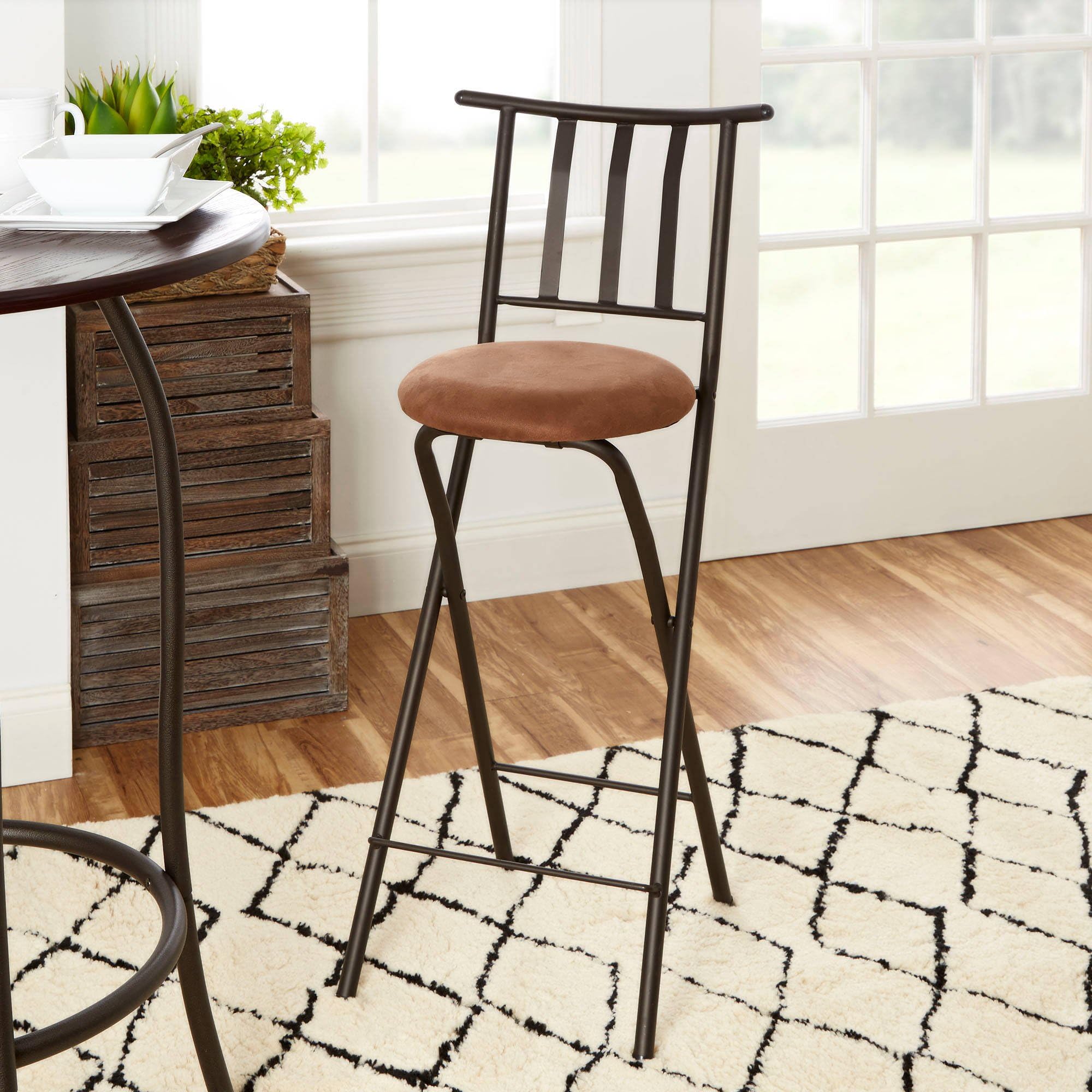 Slat Back Folding 30" Barstool, Bronze with Beige Microfiber Cushion