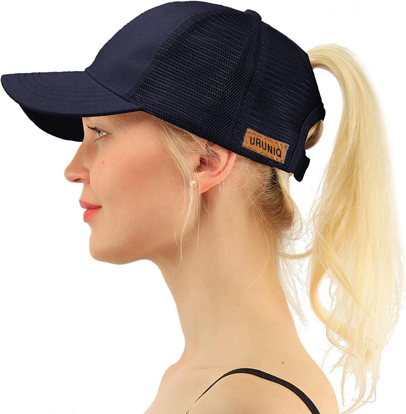 URUNIQ Ponytail Baseball Cap for Women Messy Highbun Hat Plain Ponytail Baseball Visor Cap Adjustable Ponytail Holder Hat (Navy)