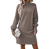 Pink Queen Women's Long Sleeve Sweater Mini Dress Casual Loose Mock Neck Empire Waist Cocktail Party Knit Short Dresses