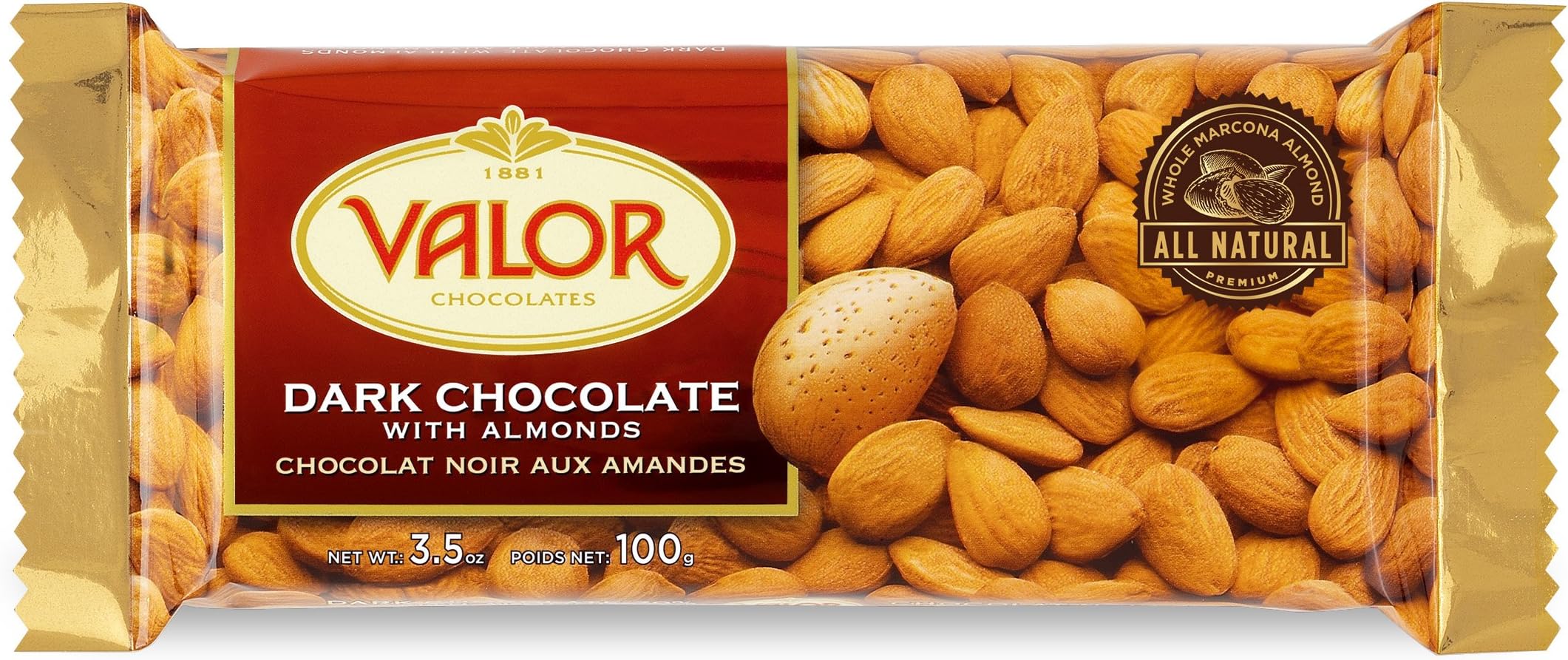 Valor Chocolates Dark with Marcona Almonds Bar, 3.5 Ounce