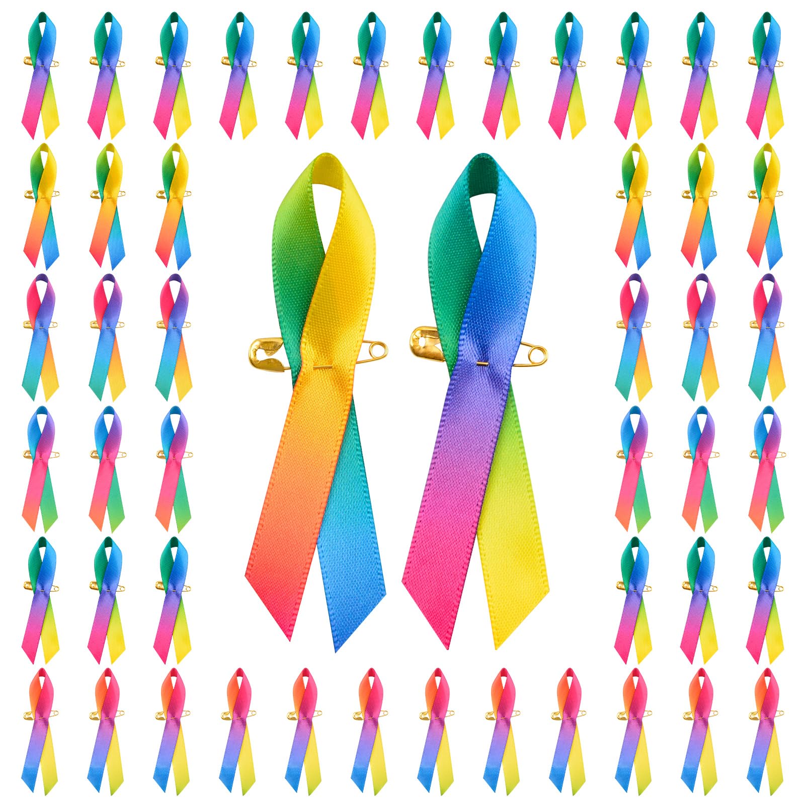 WANDIC 100 Pcs Rainbow Ribbon Pins, Ribbon Pride Pin Satin Rainbow Pin Pride Brooch Rainbow Decor Ribbon with safety pins for Women & Men Bag Cloth Decor