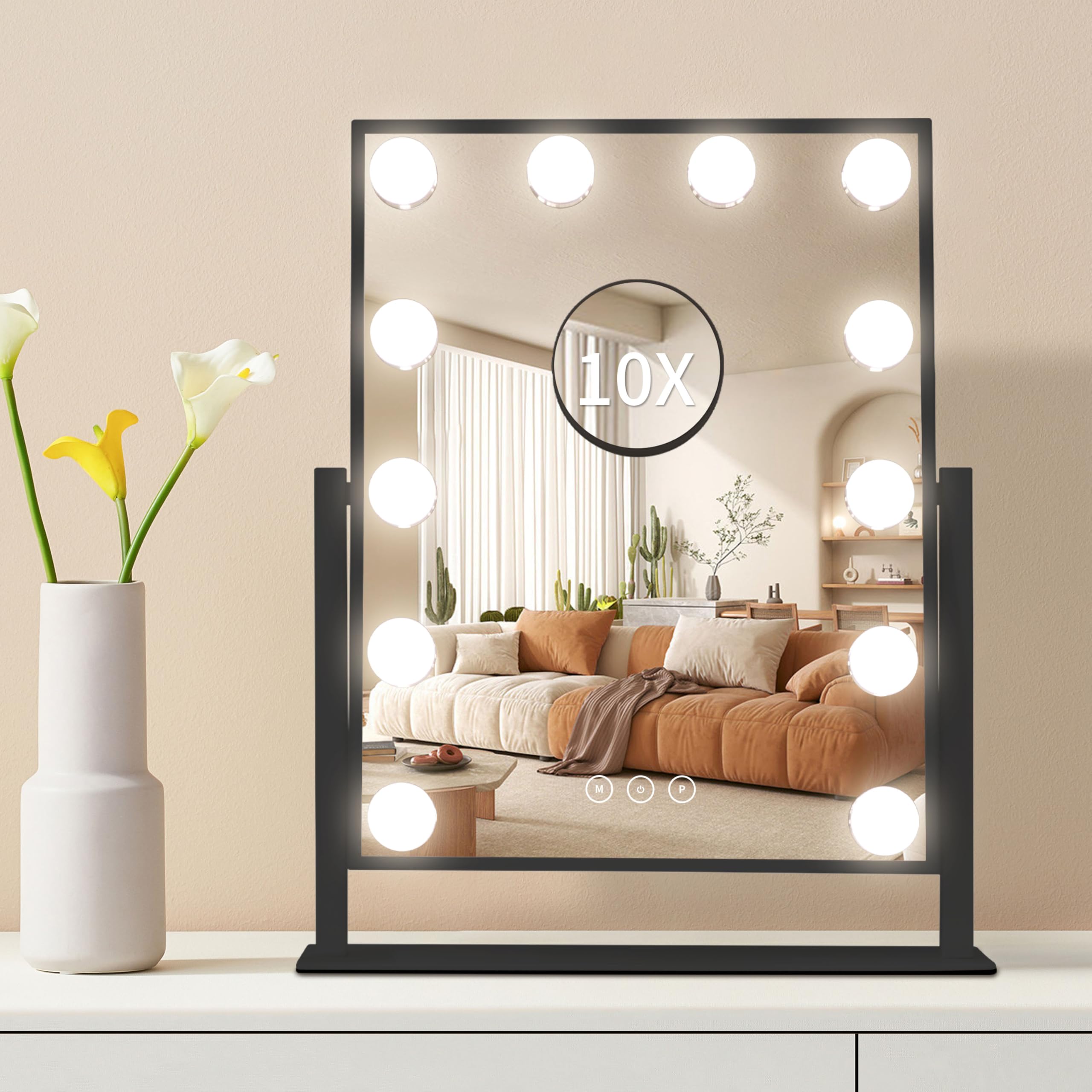 NUSVAN Vanity Mirror with Lights,Makeup Mirror with Lights,3 Color Lighting Modes Detachable 10X Magnification Mirror Touch Control,360°Rotation,White