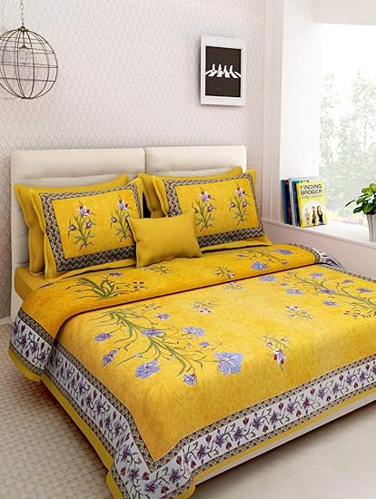 Granth Enterprises Cotton Jaipuri Traditional Printed Double Bedsheet with 2 Pillow Covers - (Yellow, Double)