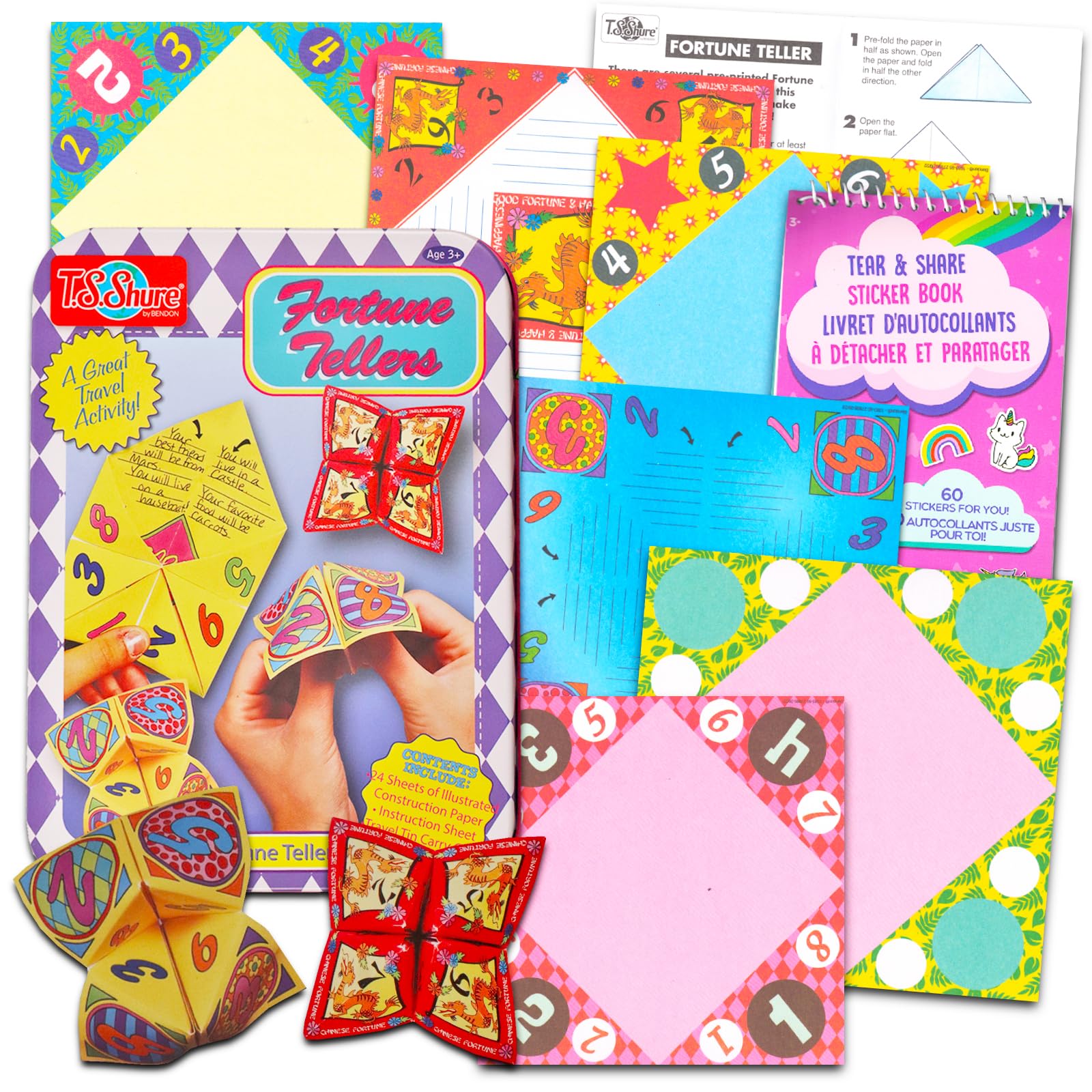 Photo 1 of Origami Fortune Teller Kit for Kids - Paper Craft Bundle with Fortune Teller Paper for Boys and Girls in Travel Tin Plus Stickers | Cootie Catcher Fortune Tellers