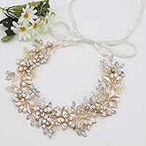 Oriamour Wedding Headband Bridal Headpiece Flower Design With Genuine Freshwater Pearls And Ribbons Hair Accessories For Bride (Gold)