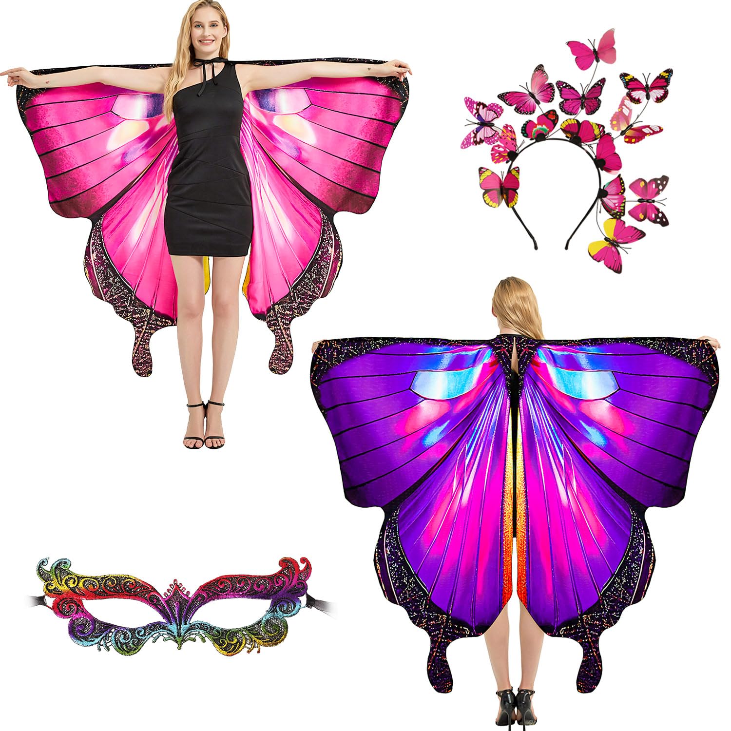 plainshe Butterfly Wings Double-Sided, Fairy Wings for Adults, Halloween Costumes for Women, 3PCS Butterfly Cape Set (Double-Sided 11)