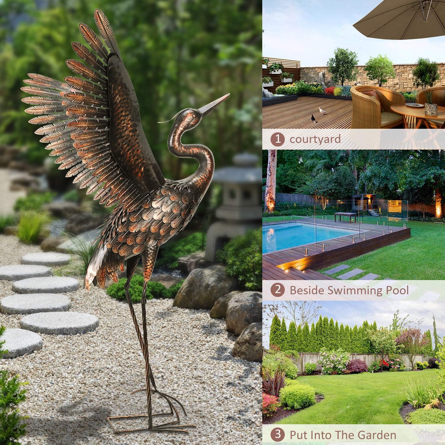 chisheen Outdoor Metal Crane Heron Yard Art Statue and Sculptures for Garden Lawn Patio Backyard Living Room Decoration: Home & Kitchen