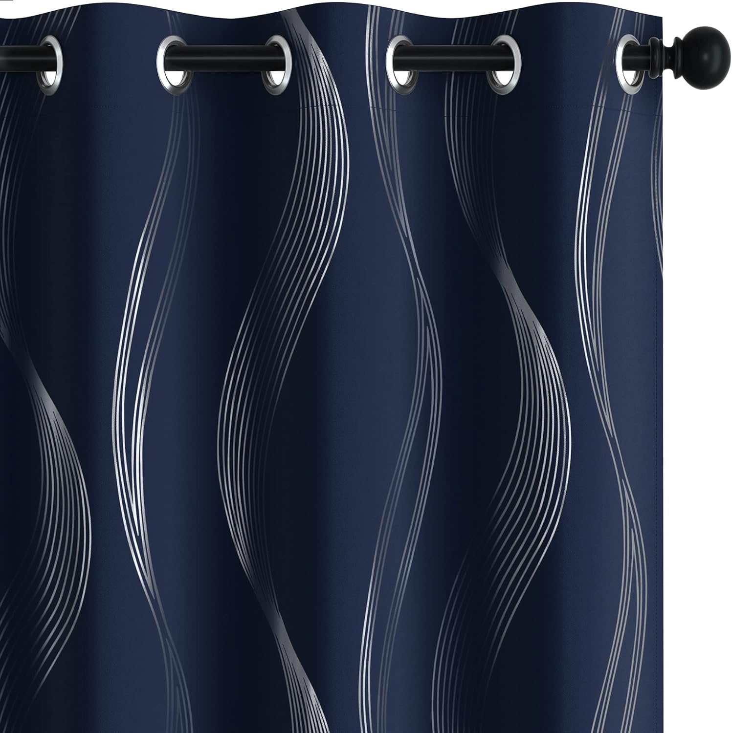 Window Treatments - Deconovo Thermal Insulated 84 Inch Blackout Curtains 2 Panel Set for Bedroom, with Silver Print Wave Striped Pattern- Black Out Light Blocking Panels for Living Room- Navy Blue, 52W x 84L inch