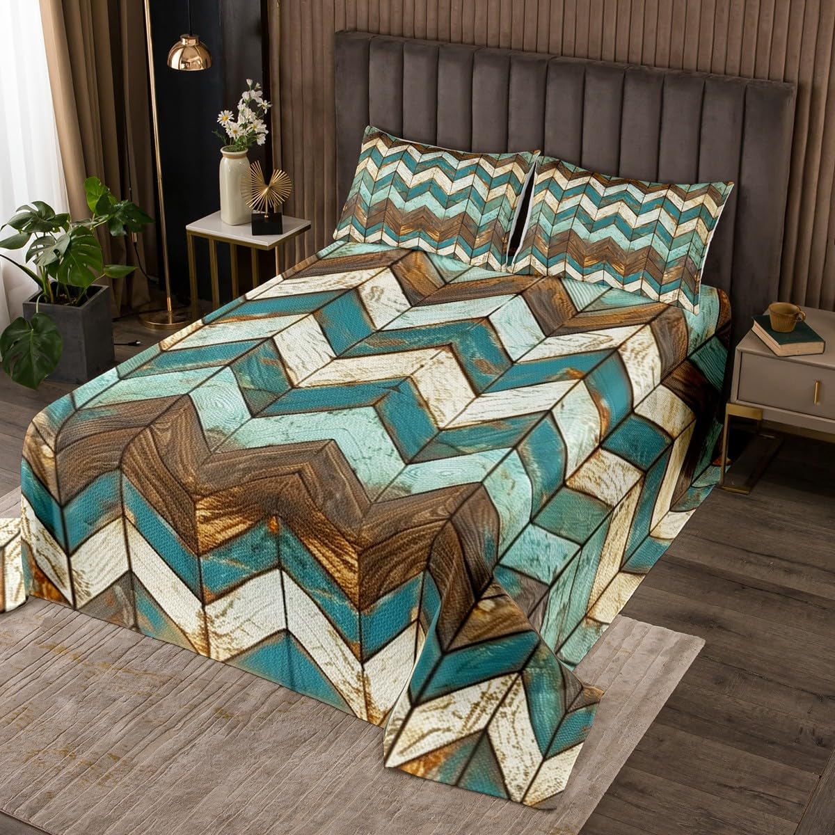 Homemissing Vintage Wooden Board Quilted Bedspread Rustic Farmhouse Style Quilted Bedspread for Kids Boys Girls Geometric Stripes Coverlet Set Retro Blue Brown Quilted Bedroom Collection 2Pcs Single