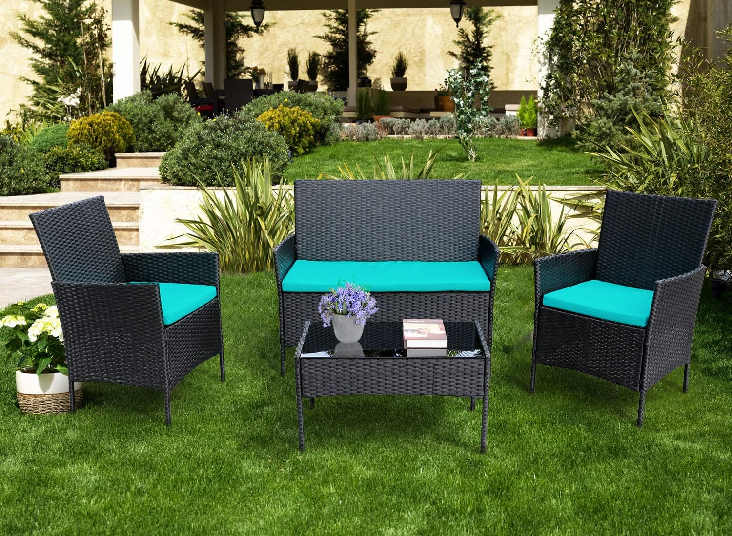 Patio Furniture Set 4 Pcs Outdoor Wicker Rattan Sofa Chair Wicker W Cushions Ebay