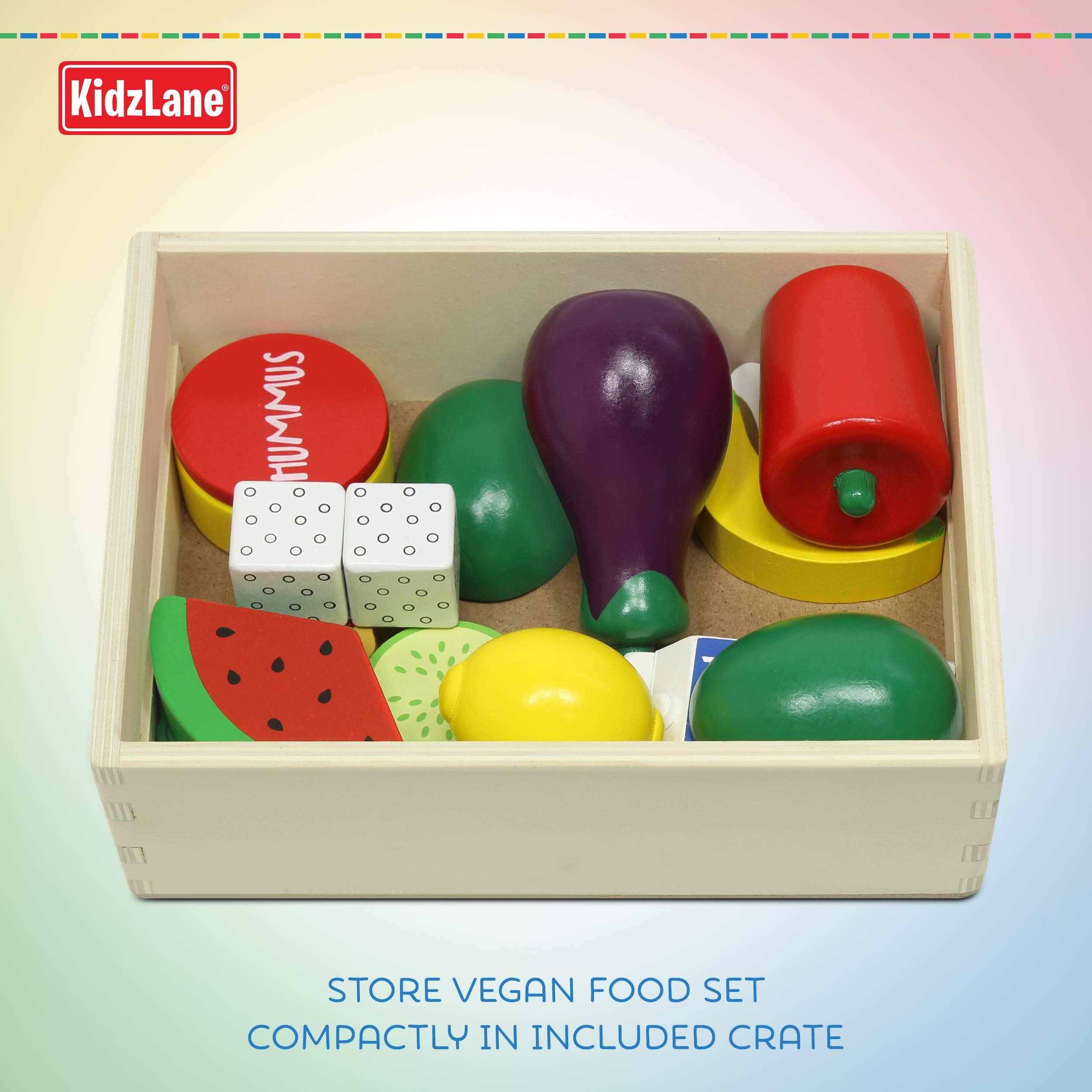 Kidzlane Wooden Vegan Toys with Wooden Crate | 20 Piece Wood Play Food Set for Kids Kitchen | Play Kitchen Accessories for Toddlers | Pretend Food Wood Toys | Ages 3+