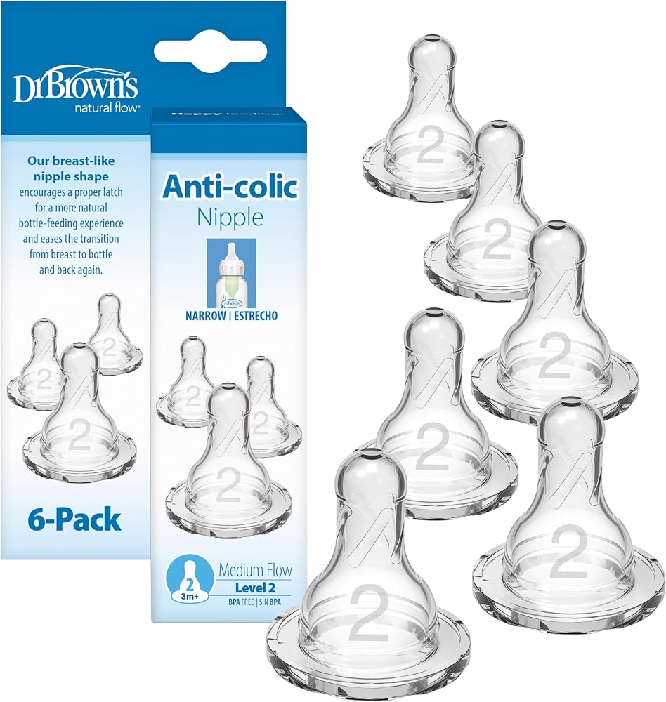 Dr. Brown’s Narrow Level 2 Medium Flow Nipple, 3m+, 2-Pack | 100% silicone nipples for Options+ Narrow baby bottles, medium f