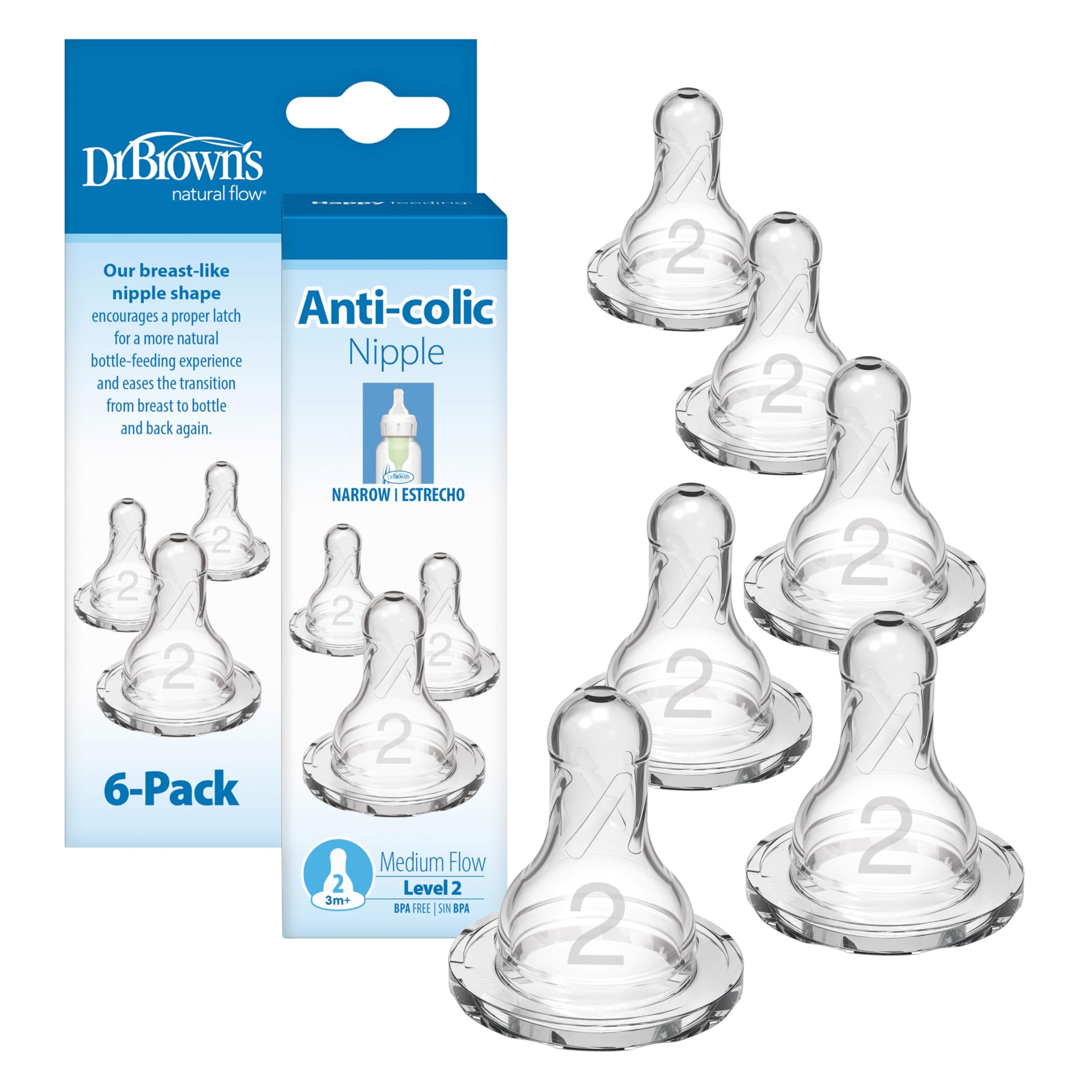 Dr. Brown’s Natural Flow Level 2 Narrow Baby Bottle Silicone Nipple, Medium Flow, 3m+, 100% Silicone Bottle Nipple, 6 Count