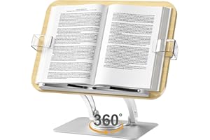 Book Stand for Reading,KVRG Adjustable Book Holder with 360° Rotating Metal Base,Foldable Cookbook Stand, Reading Hands Free with ABS Expandable Page Clips for Recipe,Textbook,Laptop-Oak