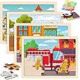 Wooden Puzzles for Kids Age 3 4 5 Year Old, 4 Pack 24 Pcs Toddler Jigsaw Puzzles for Girl Boy Vehicle Activities Preschool Learning Educational Birthday Gift Travel Autistic Wooden Toys
