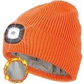 MELASA Winter Fleece Lined LED Beanie, USB Rechargeable Hand Free Warm Hat with Light Built in, Gifts for Men Dad Husband Him