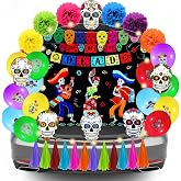 37 Pcs Day of the Dead Trunk or Treat Car Decor Kit, Dia De Los Muertos | Mexican Marigold Flower for Party Decor, Heads Sugar Skull Cutouts, Backdrop, Balloon, Light Strings, Flag for Car Trunk