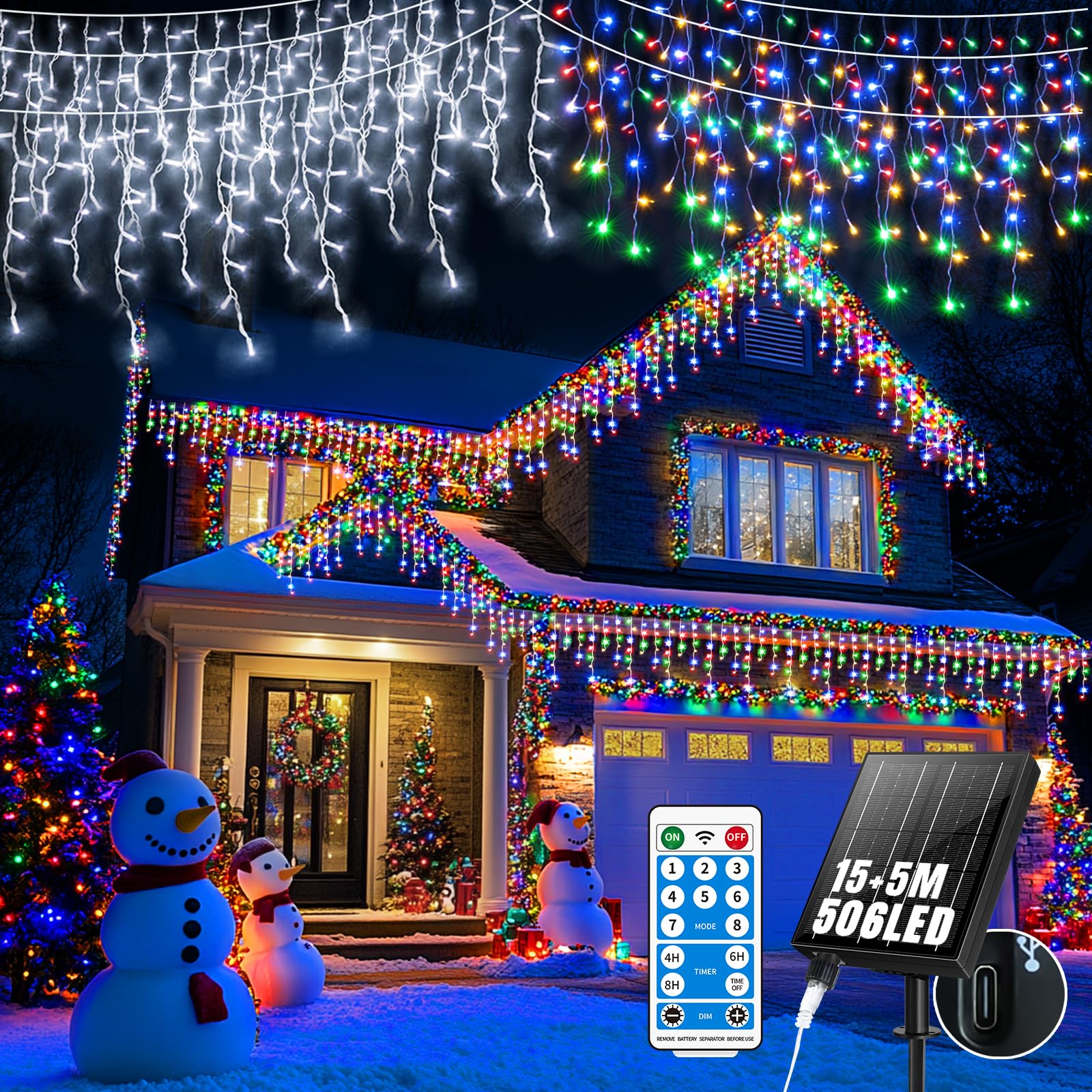 GCMacau Solar Christmas Icicle Lights Outdoor 15+5m 65.6ft 506 Led Solar Icicle Fairy Lights 8 Lighting Modes with Dimmable String Lights Outdoor for Yard, Patio, Gazebo and Wedding Decor