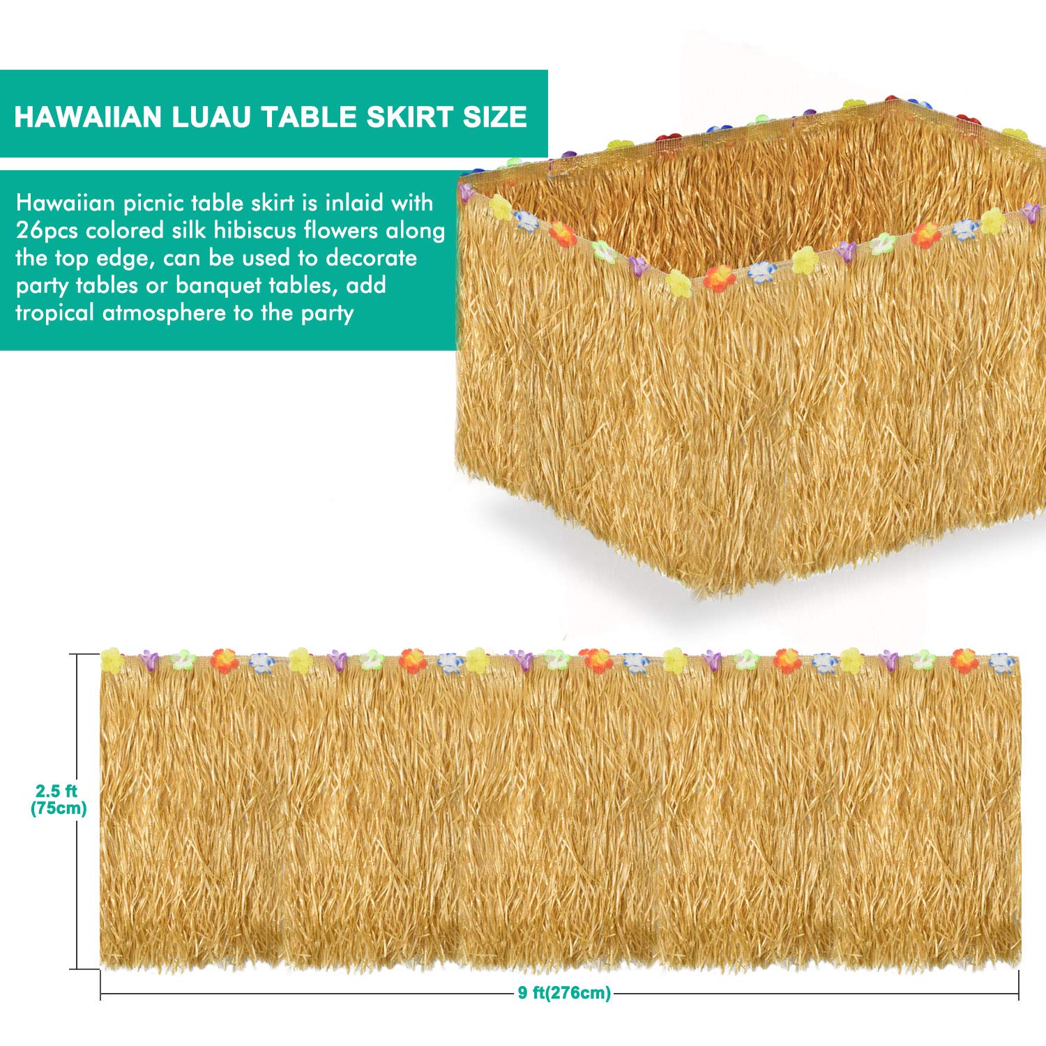 Alcoon Hawaiian Luau Table Skirt 9 Feet Hibiscus Grass Table Skirt 26 Faux Silk Flowers Tropical Island, Luau, Garden Beach Summer, Wedding, Birthday, Party Tableware Decorations