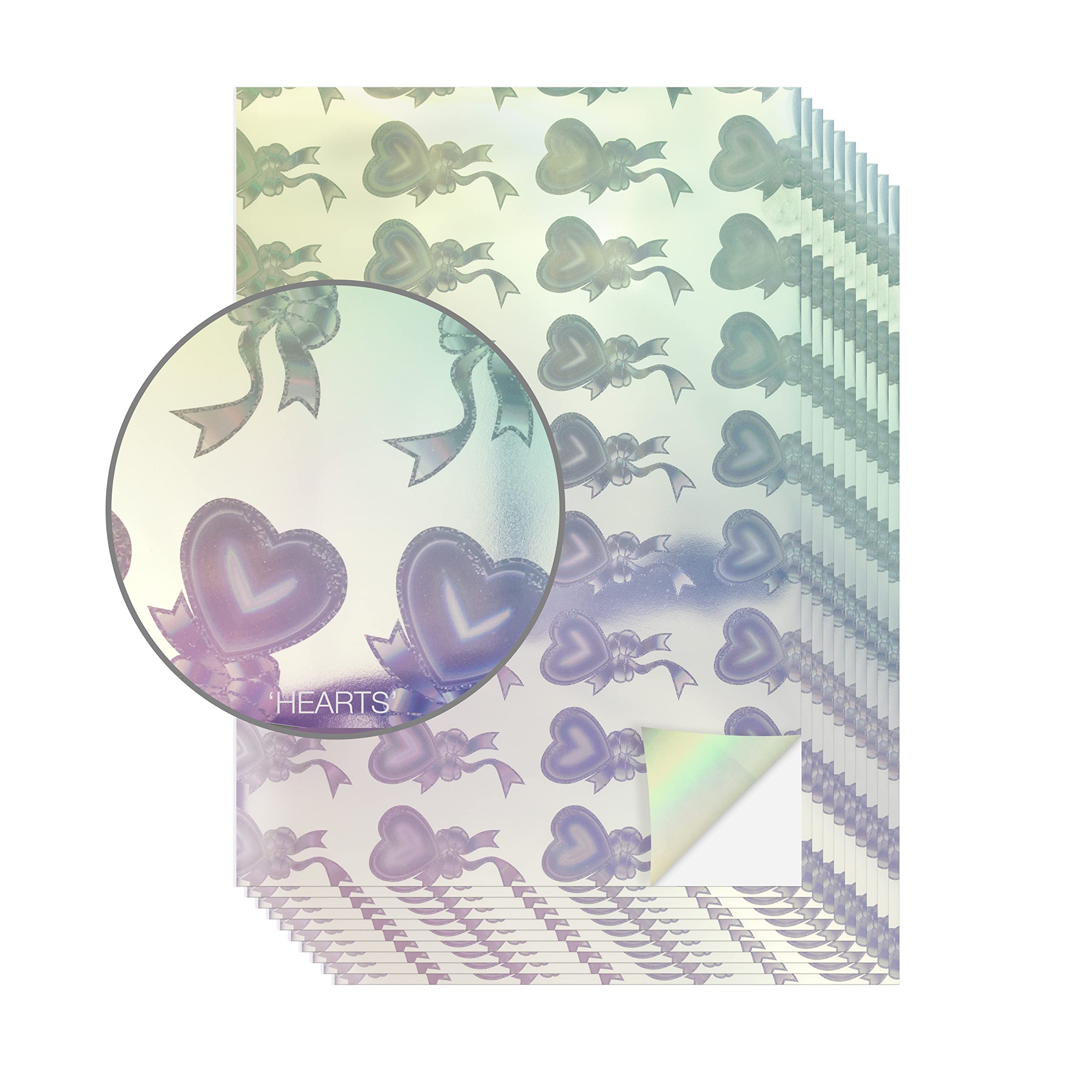 Evergreen Goods 10 Sheets A4 Holographic Silver Printable Vinyl - Inkjet & Laser Compatible, Waterproof, Glossy, Perfect for Cricut & Silhouette Cutters, Stunning Designs (Hearts Pattern)