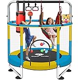 55" Indoor & Outdoor Trampoline for Kids with Enclosure, Toddler Trampoline with Adjustable Gymnastics Bar & Toys, No-Gap Safety Design