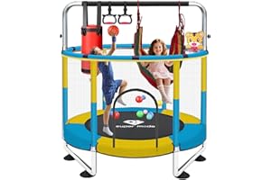 PY SUPER MODE 55″ Trampoline for Kids - Toddler Trampoline with Adjustable Gymnastic Bar, Indoor/Outdoor Enclosure Net, No-Gap Safe Design, Up to 220 lbs, Gift for Boys & Girls
