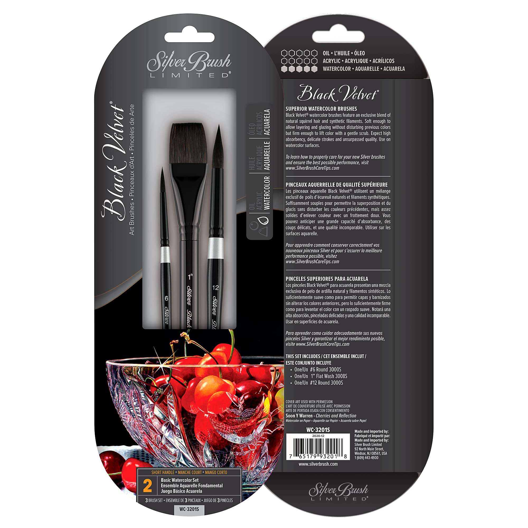 Silver Brush Limited WC-3201S Black Velvet Basic Watercolor Set, 3pc Professional Paint Brush Set, Squirrel Hair and Synthetic Mix Blend Filament Flat and Round Watercolour Brushes, Short Handle