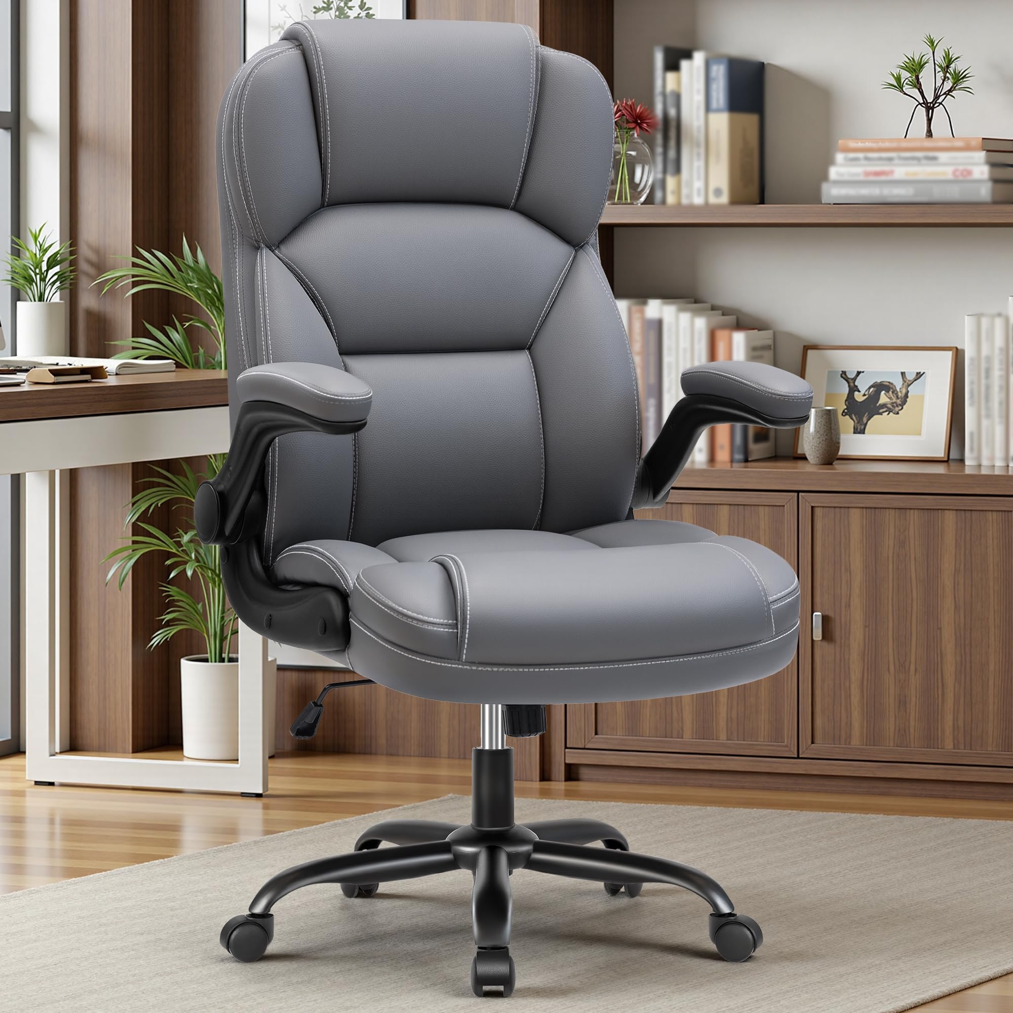 Photo 1 of PU Leather Executive Office Chair, Ergonomic High-Back Computer & Gaming Chair with Adjustable Height, Rolling Swivel & Flip-Up Armrests, Comfy Padded Seat for Home Office-Gray