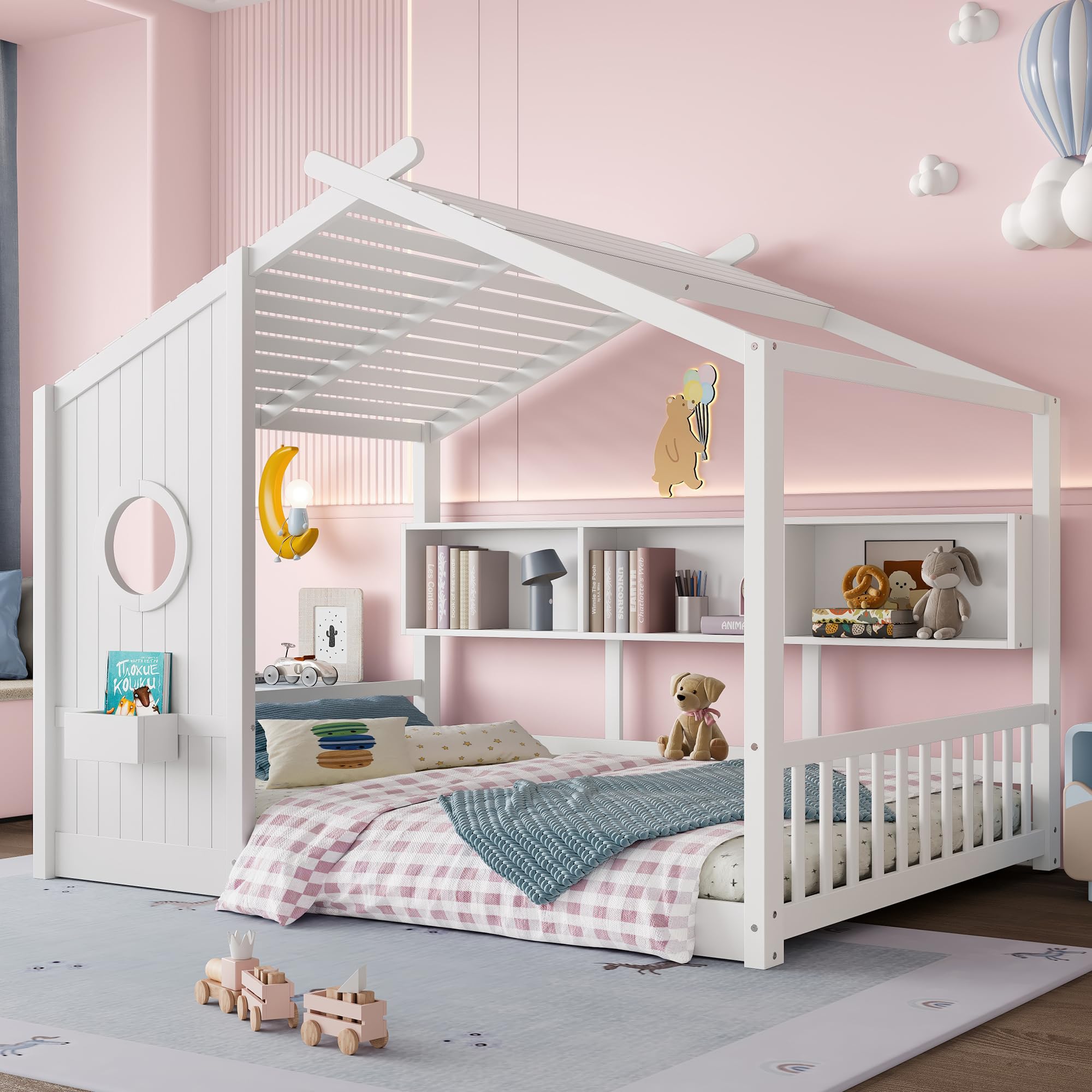 Photo 1 of Full Size House Bed with Storage Shelves for Kids,Kids Montessori Floor Bed, Cute Wood House Bed Frame Full with Roof for Girls,Boys,Can be Decorated,White