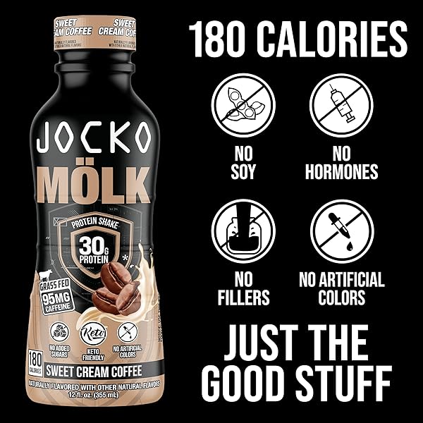 JOCKO FUEL MÖLK 30G GRASS FED PROTEIN SHAKES – NO ADDED SUGAR PROTEIN DRINKS KETO FRIENDLY – READY TO DRINK 12 FL OZ (PACK OF 12) SWEET CREAM COFFEE
