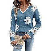 FOTKLAX Women's Pullover V Neck Sweater Floral Knitted Long Sleeve Cute Trendy Cozy Sweaters for Winter