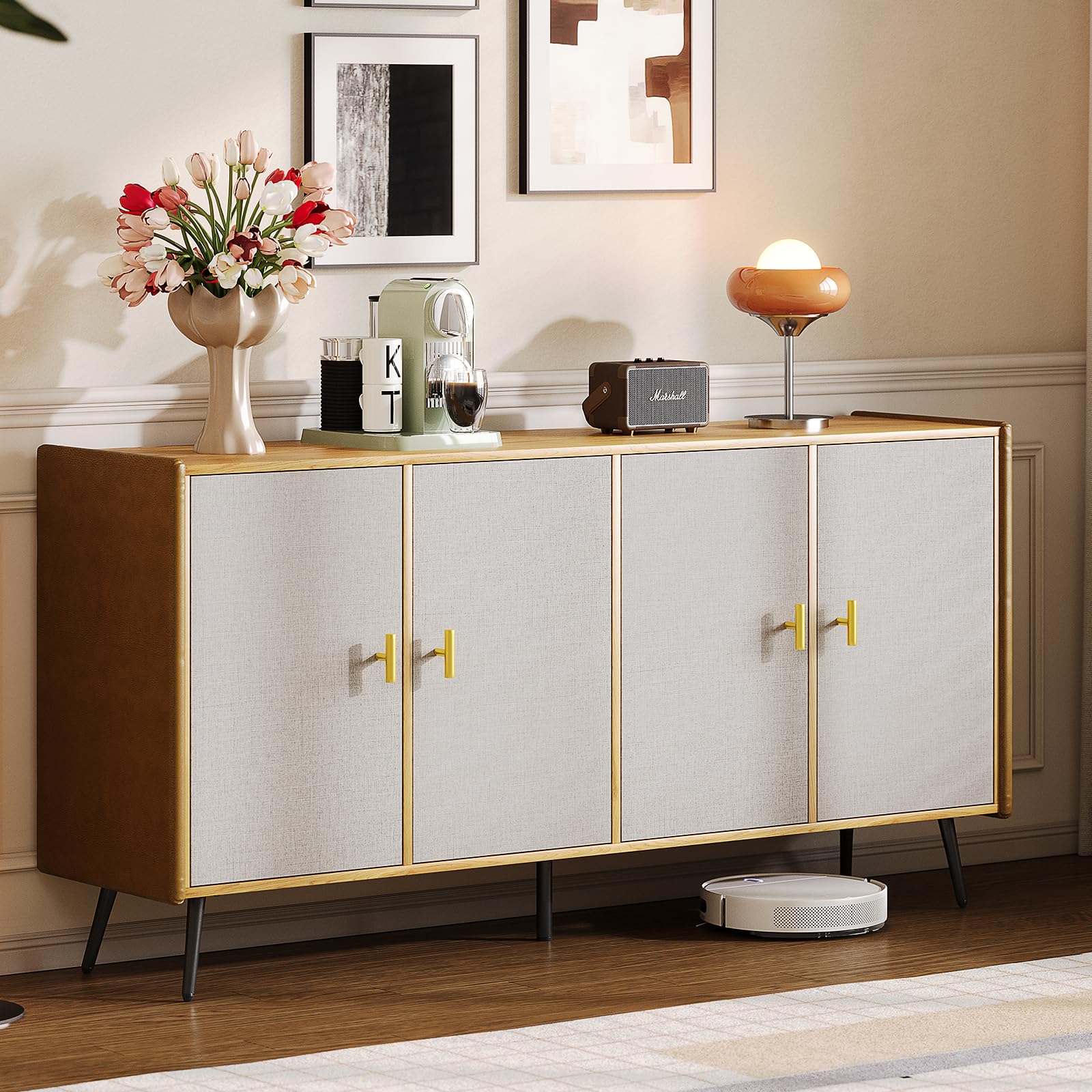 Photo 1 of KIMOLST Mid-Century Buffet Cabinet with Storage,63" Wide Sideboard for Living Room with Adjustable Shelves,4 Doors Large Credenza for Kitchen,Natural