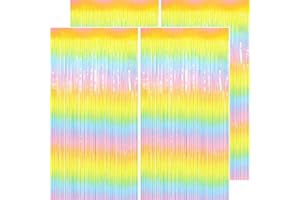 PatiCool Easter Decorations Pastel Rainbow Streamers - Thicken 4 Pack 3.2 x 8.2 FT - Pastel Rainbow Foil Fringe Curtains, Pastel Backdrop for Birthday, Baby Shower, Spring Party Decorations
