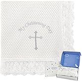 Pinuotu Baby Baptism Blanket – 100% Cotton Knit Christening Blanket with Lace Trim & Embroidered Cross, 40"x40" Soft White Receiving Blanket with Gift Box for Boys Girls Newborn