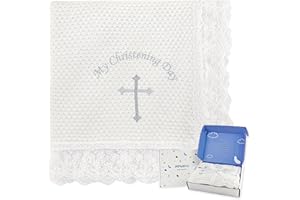 Pinuotu Baby Baptism Blanket – 100% Cotton Knit Christening Blanket with Lace Trim & Embroidered Cross, 40"x40" Soft White Receiving Blanket with Gift Box for Boys Girls Newborn